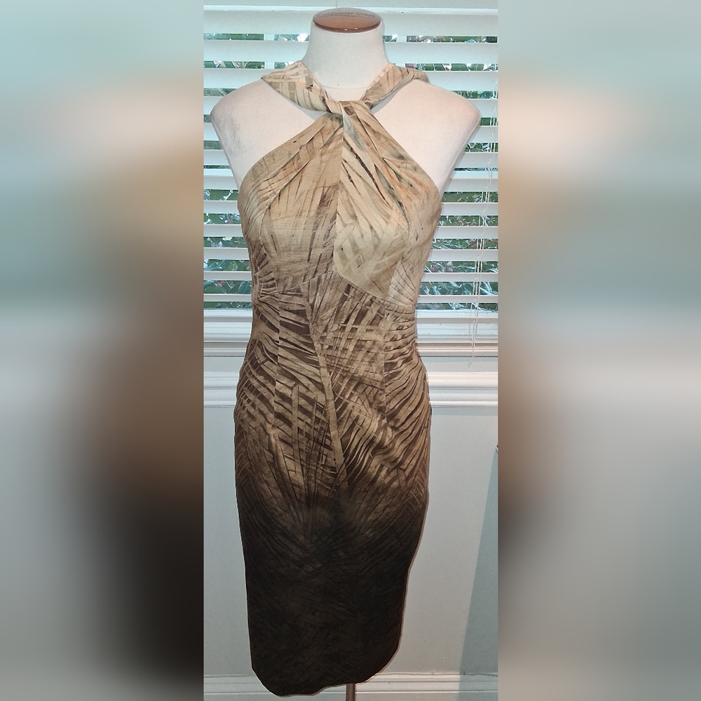 Les Copains Brown & Black Fitted Midi Halter Dress Sz 4/40 NWT